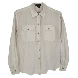 Lauren Ralph Lauren Petite Button Up Shirt 100% Linen White M Summer Casual